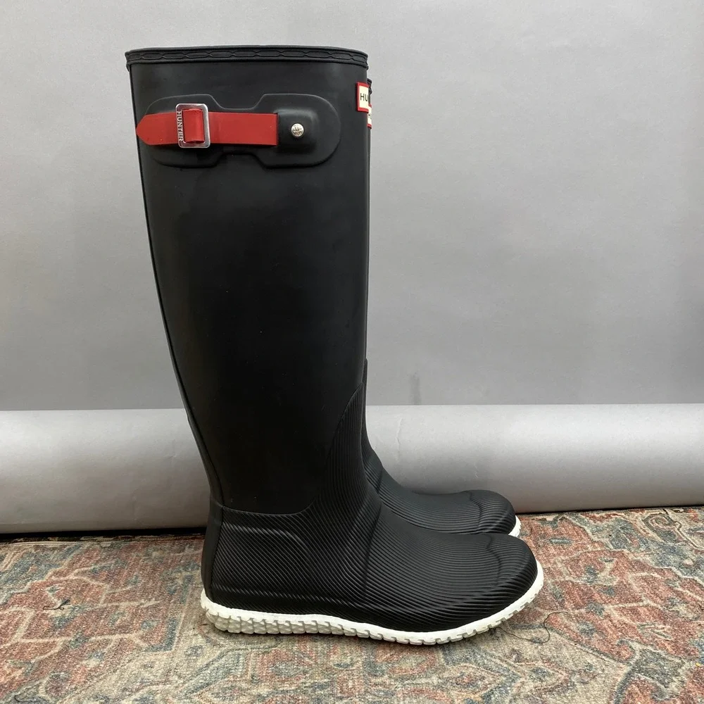 Hunter Original Tall Ribbed Rain Boots Women Size 9 Black White Red Buckle